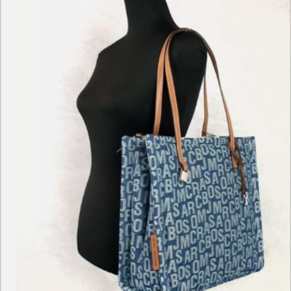 Marc Jacobs The Washed Monogram Blue Denim Grind Canvas Tote